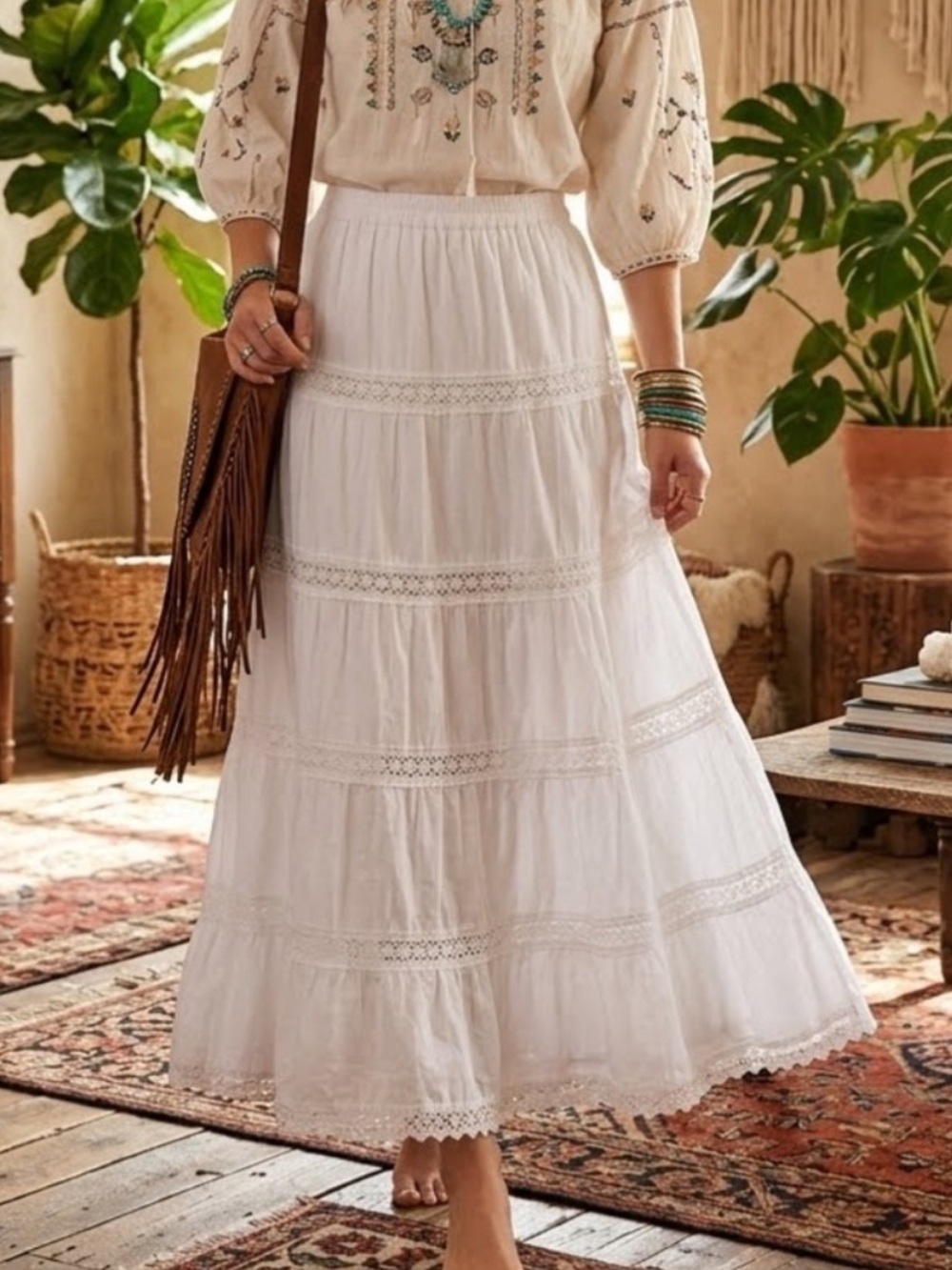 I.N. Studio White Tiered Lace-Trim Maxi Skirt Size Petite Medium